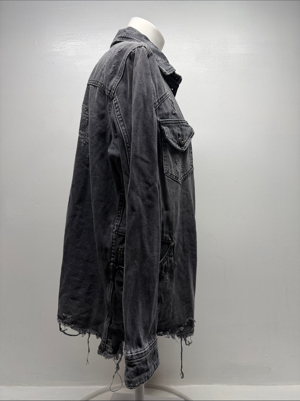 Free People Washed Black Distressed Oversized Denim Jacket - Picture 4 of 11